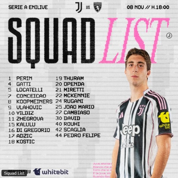 尤文本轮意甲齐灵德比名单：伊尔迪兹领衔，DV9、小孔塞桑在列