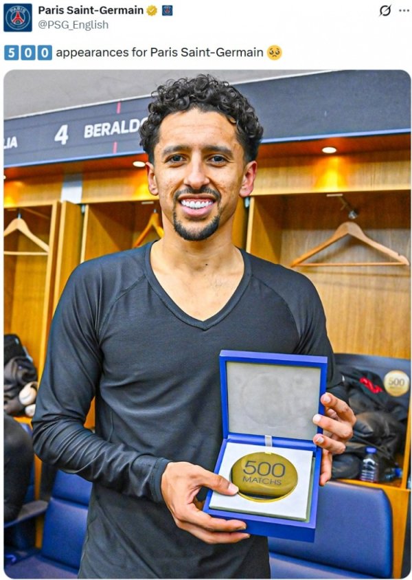 马尔基尼奥斯已矣巴黎500次出场里程碑，赛后获颁球队缅念念奖章